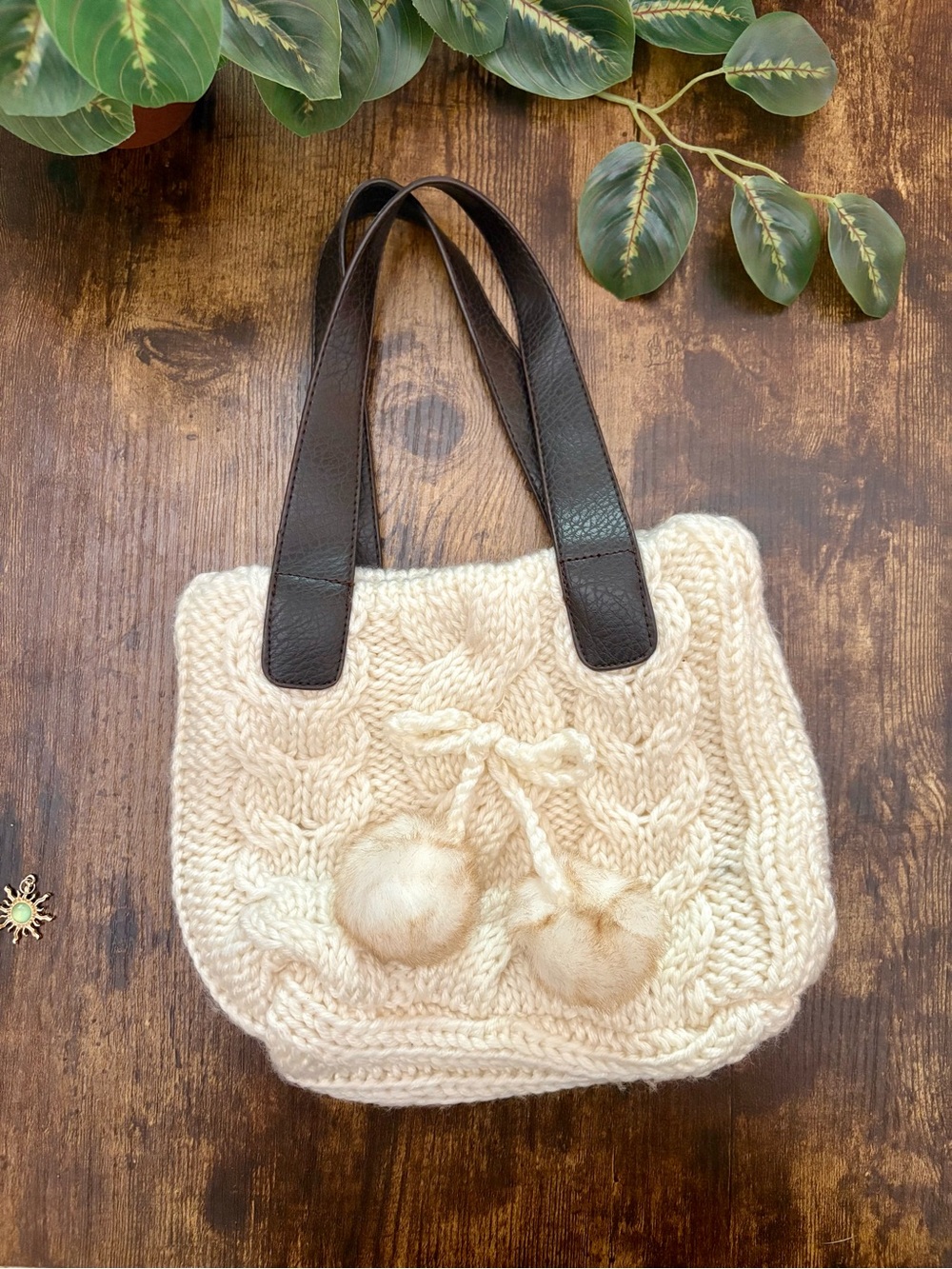 Bath & Body Works Cream Knit Pom-Pom Shoulder Bag with Dark Brown Handles